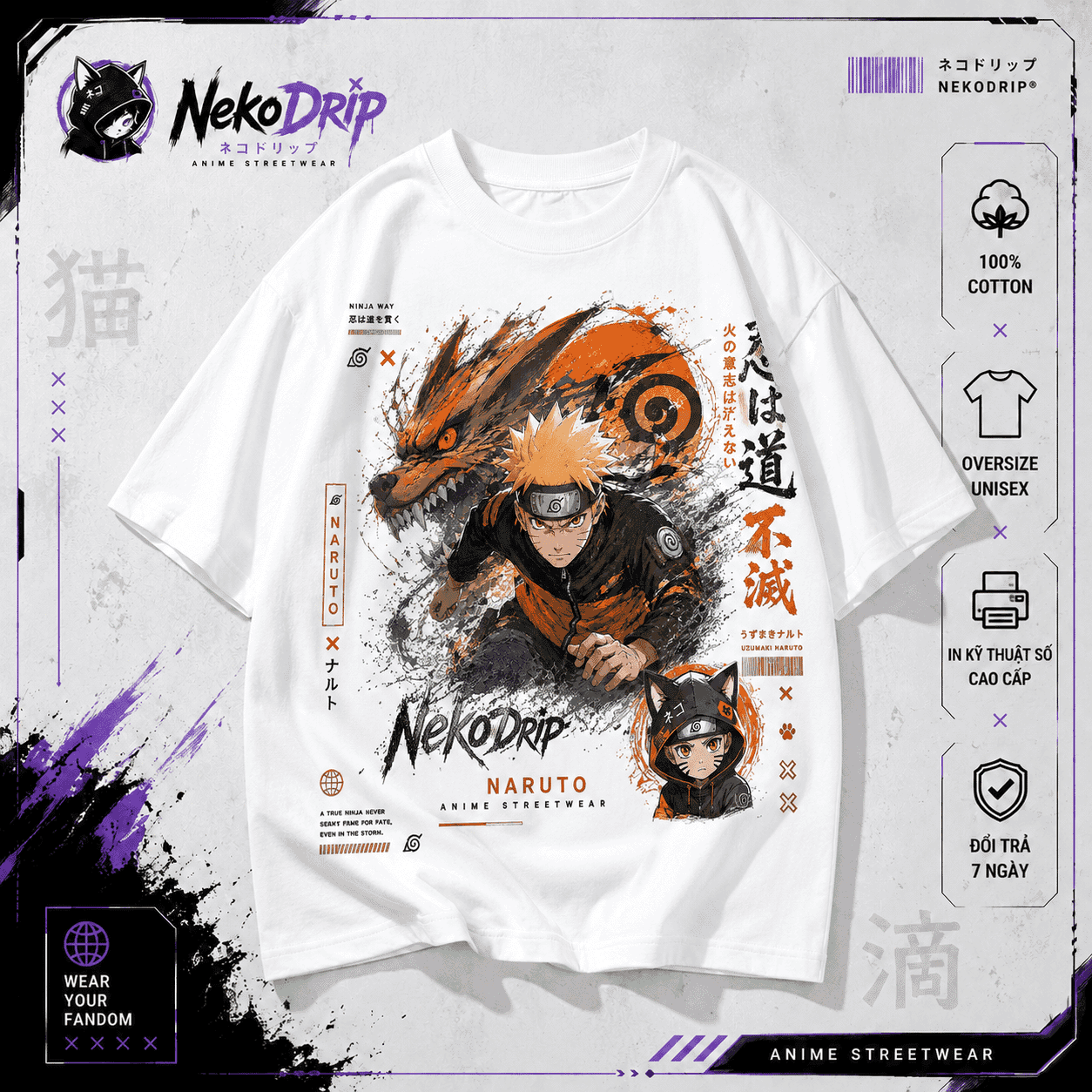 Áo Thun Naruto Kurama Cửu Vĩ Oversize Unisex Anime Streetwear Form Rộng NekoDrip - ảnh sản phẩm