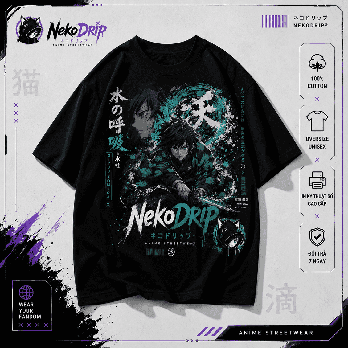 Áo Thun Oversize Anime Giyuu Tomioka Demon Slayer NekoDrip | Darkwear Local Brand Unisex - ảnh sản phẩm